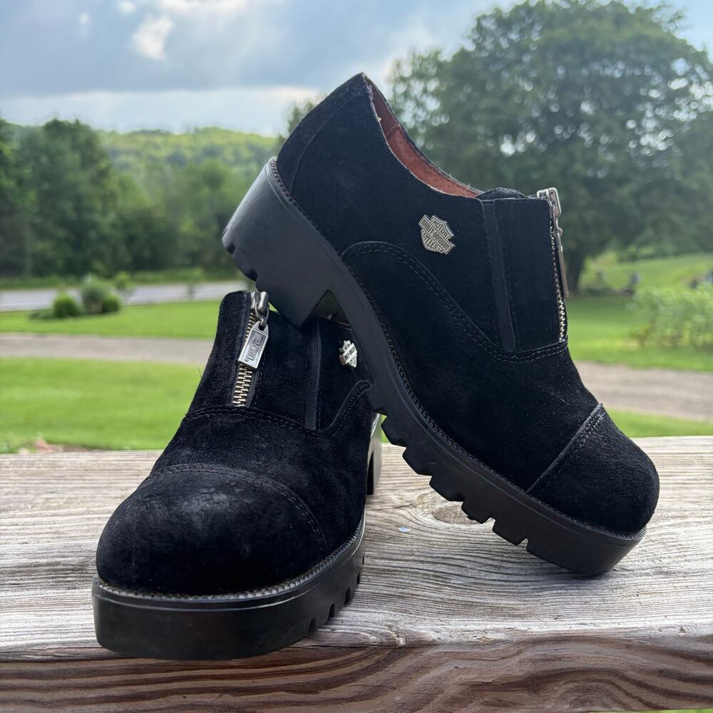 Harley Davidson Y2K 90's Women's Black Suede Chunky Ankle Boots Biker Grunge 8.5